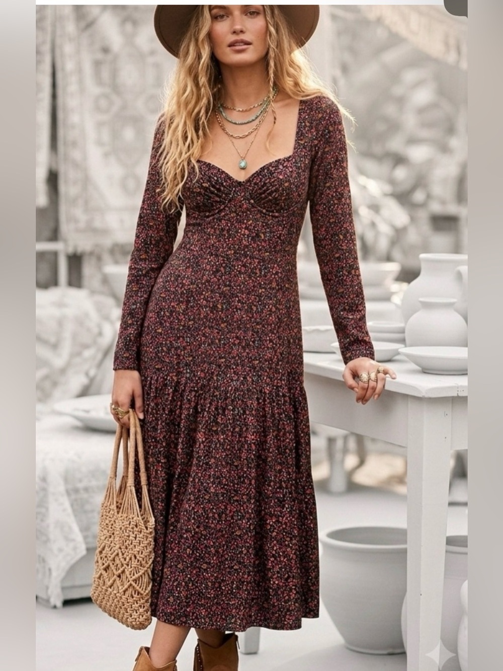 Hutch Anthropologie black red pink Floral Long-Sleeve Midi Dress - sweetheart